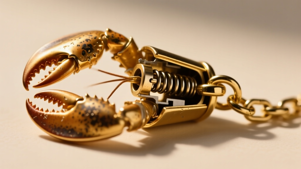 Macro shot of a gold lobster clasp failing to close on a 1.2mm box chain, showing the worn spring mechanism inside the clasp.