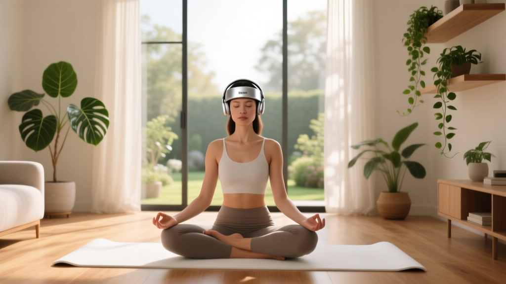 Woman wearing Muse S EEG headband across forehead while meditating on plush yoga mat in sunlit minimalist living room with indoor plants