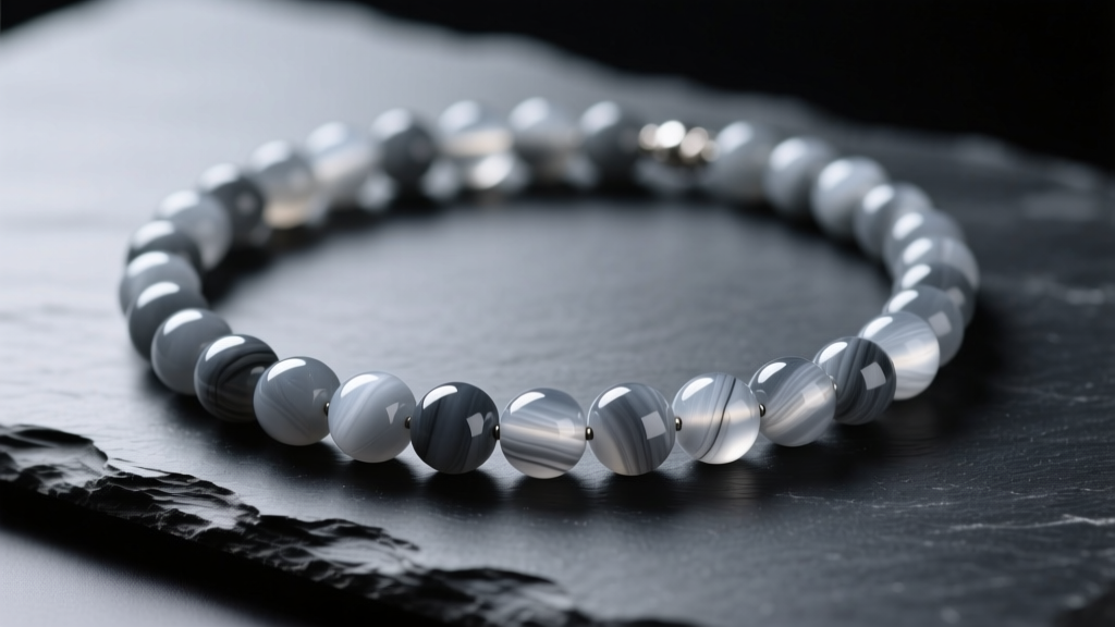 Close-up of a polished grey agate beaded necklace resting on dark slate, illuminated by soft directional studio lighting