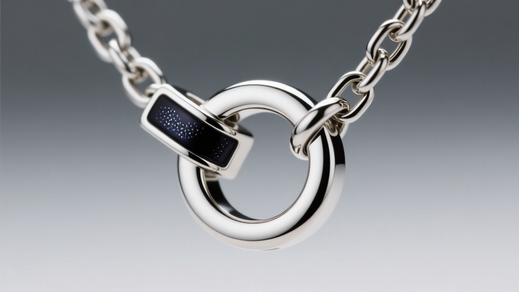 Close-up of a stainless steel Pokémon N necklace chain connection, showing a secure jump ring and dark epoxy enamel inlay details