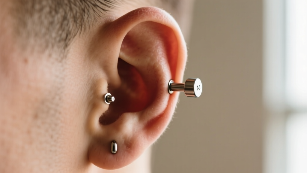 Side profile of ear showing a 14-gauge titanium industrial barbell traversing the helix, illustrating ideal gauge thickness