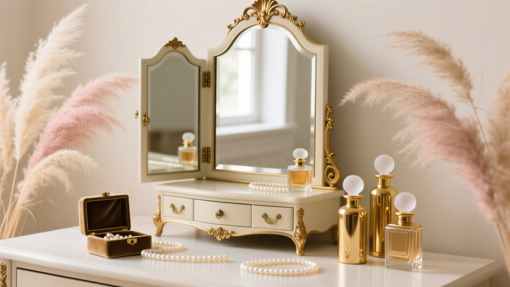 Styled vanity showcasing a vintage mirrored jewelry armoire surrounded by dried pampas grass, pearls, and brass perfume bottles.