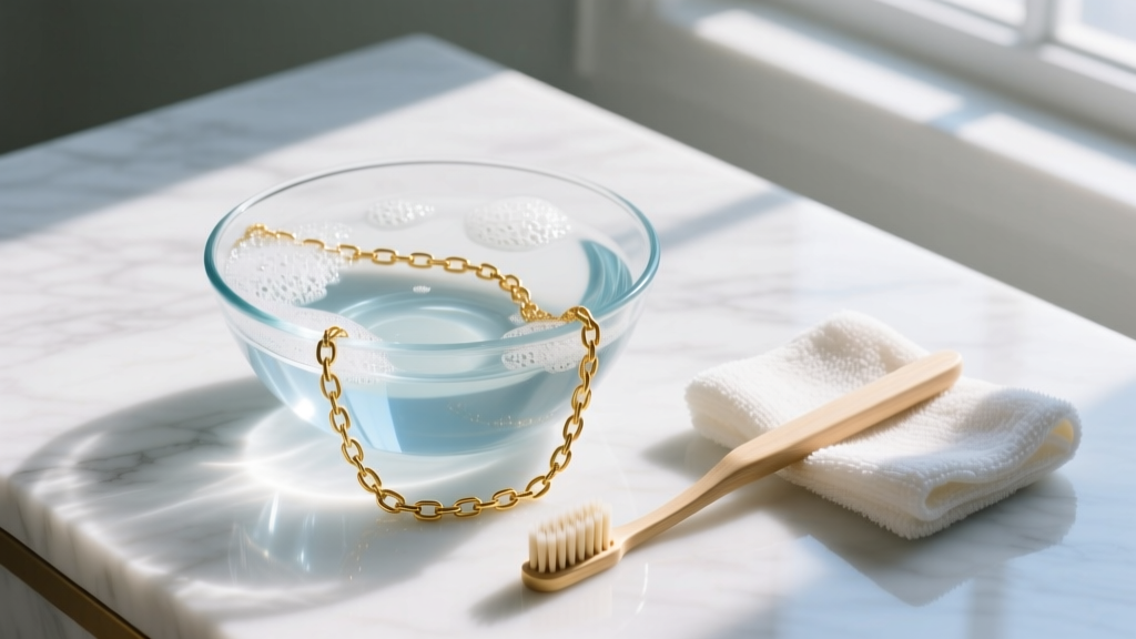 Cleaning setup with glass bowl of soapy water, soft toothbrush, and microfiber cloth next to a gold lariat chain on white marble