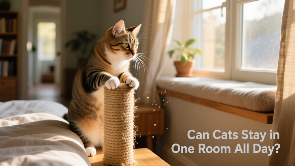 Close-up of a cat’s paws on a textured scratching post beside a cozy bed and window perch
