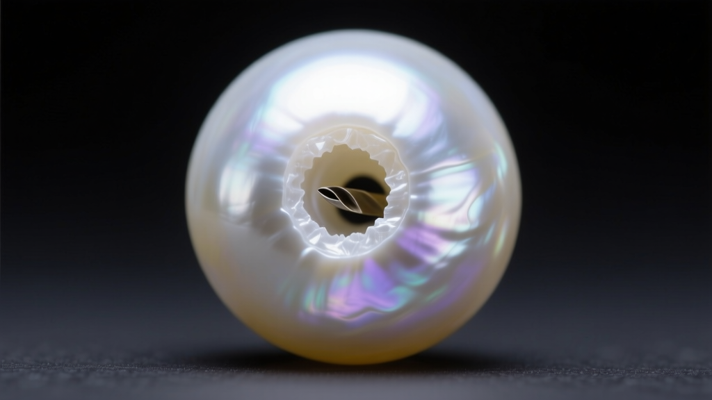 Macro view of a 1.5mm seed pearl showing a 0.3mm drill hole and thick, clean nacre layers under soft directional studio lighting.