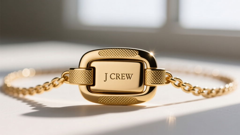 Macro shot of the J Crew Martha necklace clasp, showing gold plating on the brass base and a small engraved brand hallmark stamp.