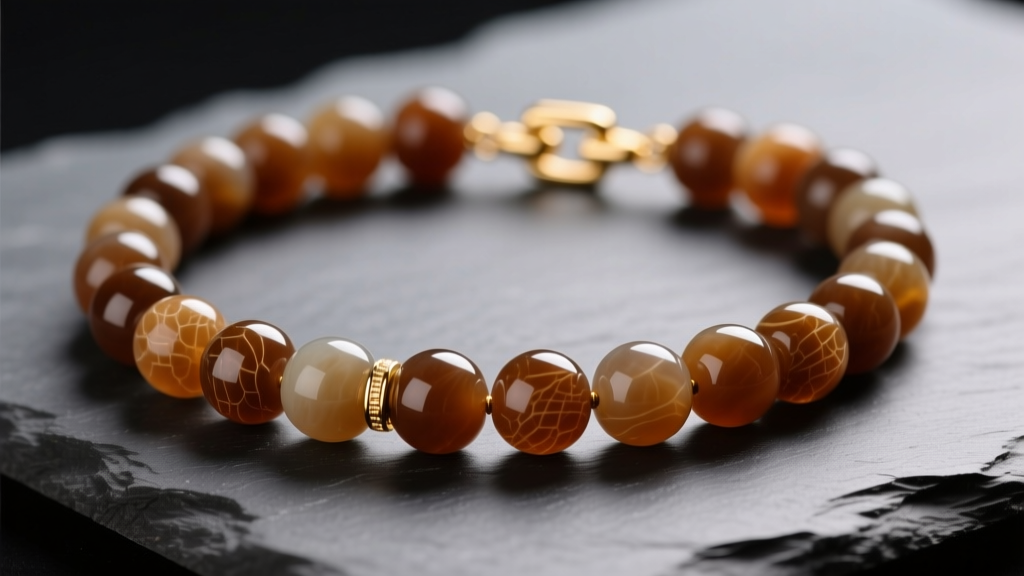Close-up of a brown sugar nephrite jade bead necklace with a 14k gold clasp on dark slate under soft studio lighting.