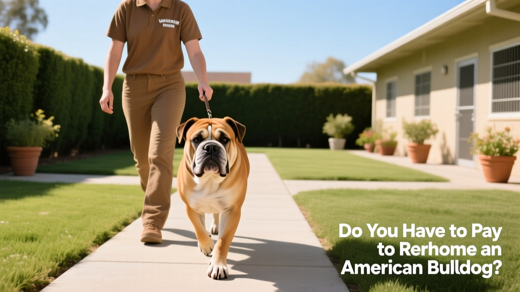 Volunteer gently walking an American Bulldog in a clean, well-lit shelter yard