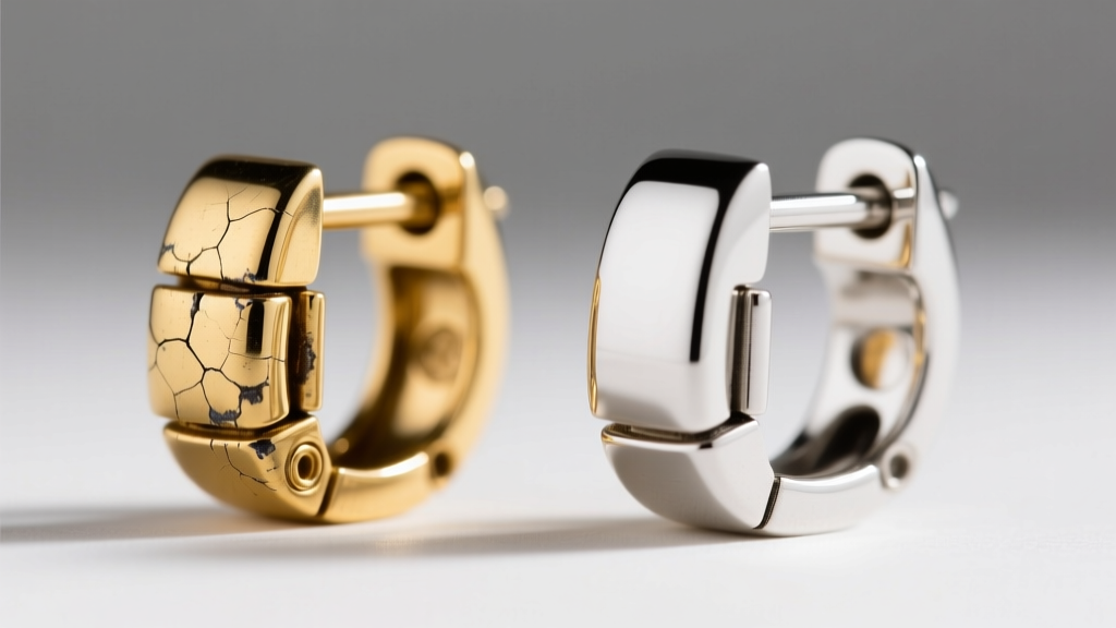 Close-up of a worn 18k gold hinged clasp showing metal fatigue next to a pristine 14k white gold hinged back earring mechanism