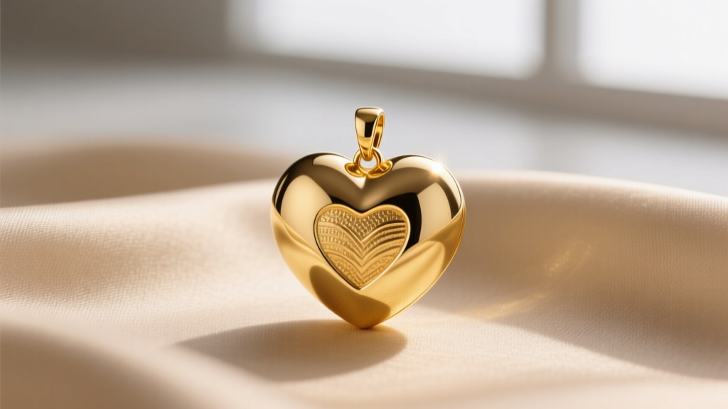 Polished 14k yellow gold puffy heart pendant on beige silk, showing its 3D domed surface and warm light reflections.