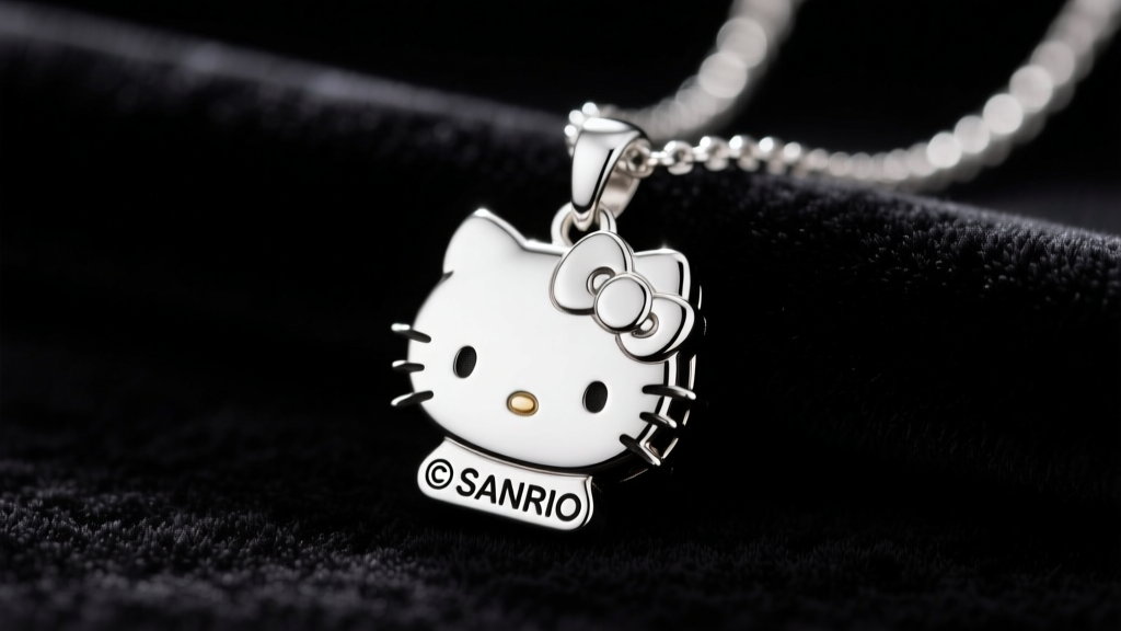 Macro shot of a 925 sterling silver Sanrio Hello Kitty necklace pendant on black velvet, highlighting the engraved copyright stamp.