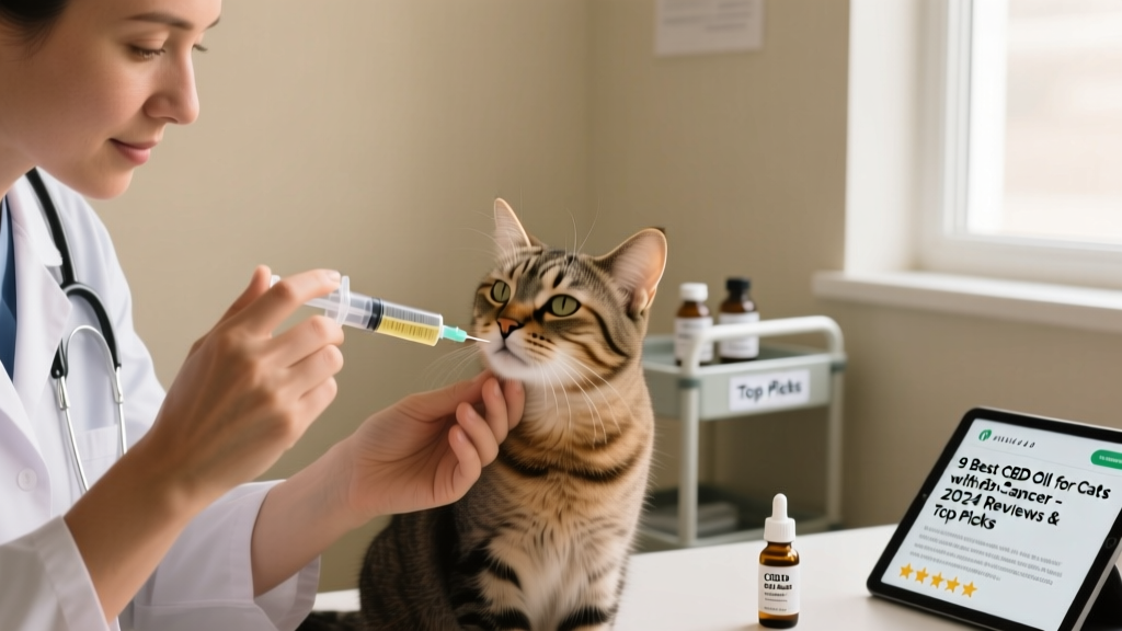 Close-up of a veterinarian gently administering CBD oil to a cat using an oral syringe, with a calm expression and clean clinical setting