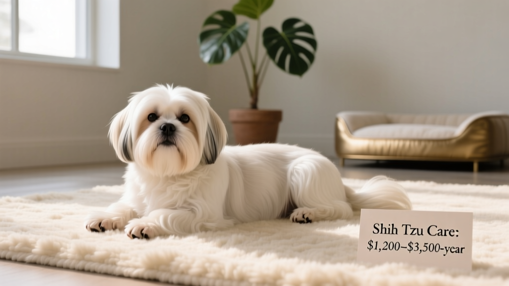 A well-groomed Shih Tzu with long, silky hair lying comfortably on a soft rug