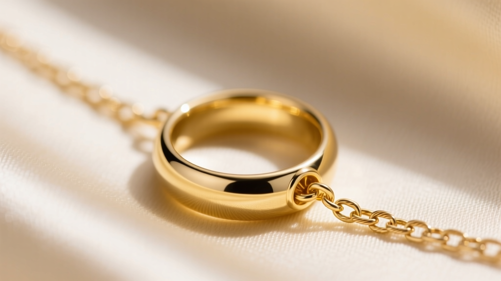 Macro shot of a polished 14k yellow gold 5mm spring ring clasp securing a delicate 1mm cable chain against soft cream silk fabric