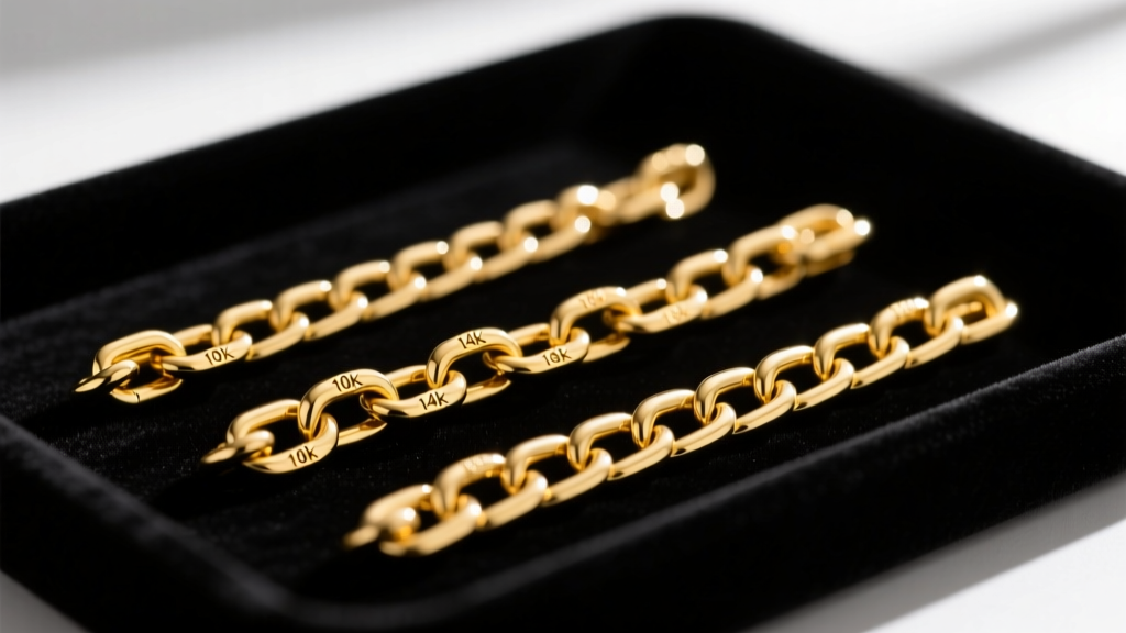 Macro shot of three gold chain links showing 10k, 14k, and 18k color variations on a dark velvet tray with sharp studio focus.