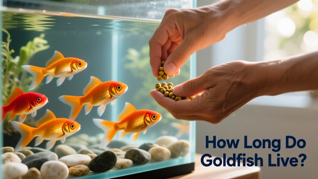 Close-up of hands gently feeding goldfish pellets to a group of healthy common goldfish in a clear, well-maintained tank