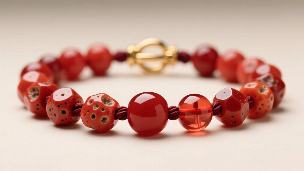 Macro shot of genuine red coral beads on silk cord with a 14k gold clasp, showing natural pitting and organic surface details