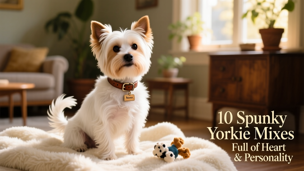 Morkie, Maltese Yorkie mix, sitting on furry blanket