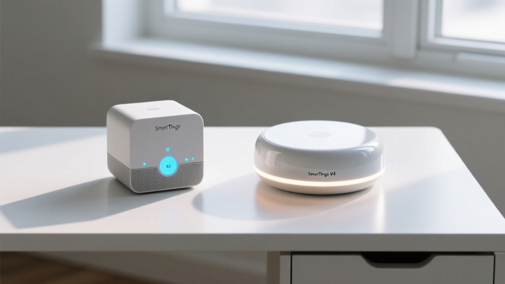 Side by side physical comparison of the older square SmartThings Hub V3 and the newer circular SmartThings Hub V4 on a white desk