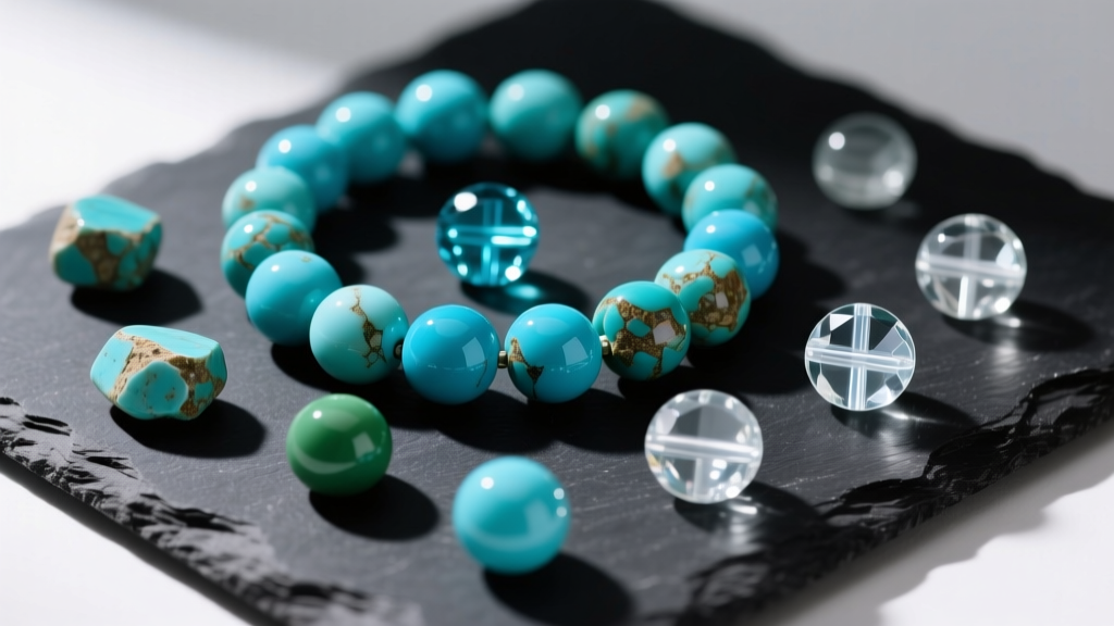 Scattered arrangement of raw turquoise gemstone beads, polished Czech glass rounds, and translucent acrylic beads on dark slate.