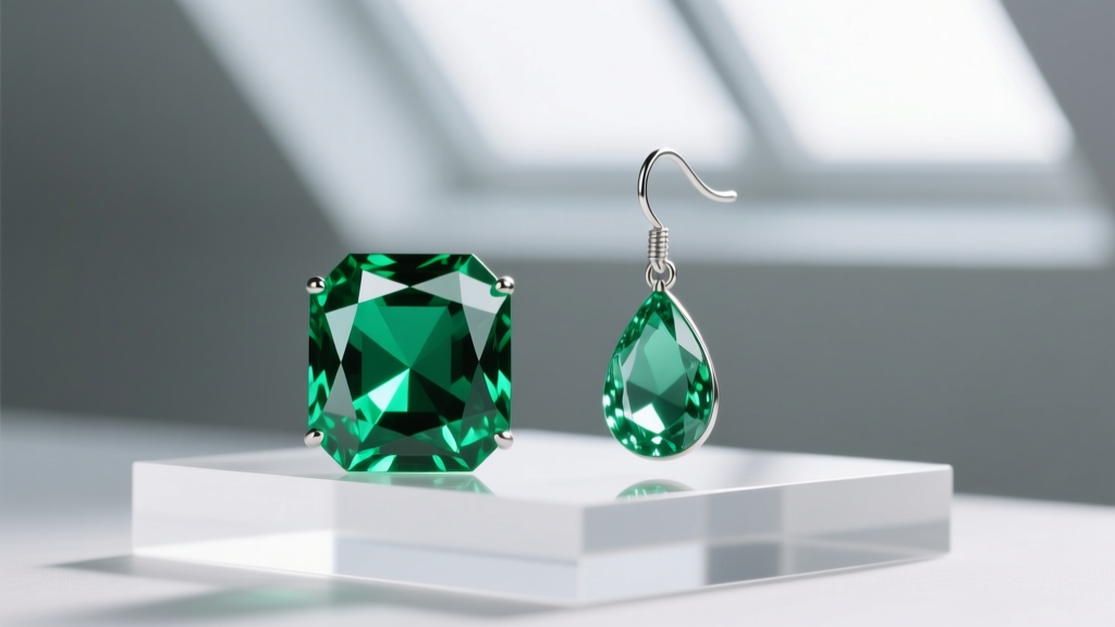 Side-by-side view of a lab-grown hydrothermal emerald and a simulated emerald drop earring under bright jeweler