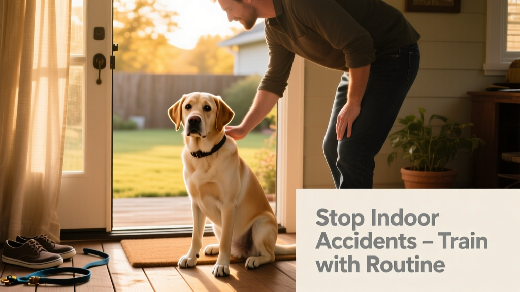 A calm, attentive dog sitting beside their owner near an open door, ready to go outside