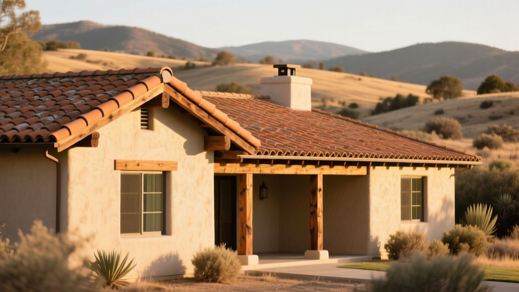 Ranch-style home exterior featuring terracotta clay roof tiles, sand-finish stucco walls, and exposed timber viga beams