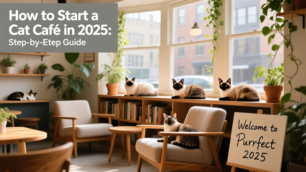 A warm, sunlit cat café interior with comfortable seating, potted plants, and several relaxed cats lounging on shelves and windowsills