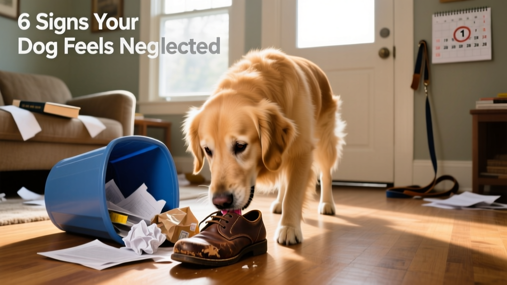 A dog chewing a shoe beside an overturned trash can