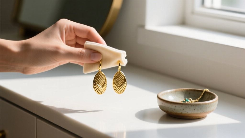 Hands wiping textured gold drop earrings with a microfiber cloth on a minimalist vanity next to a small ceramic jewelry dish