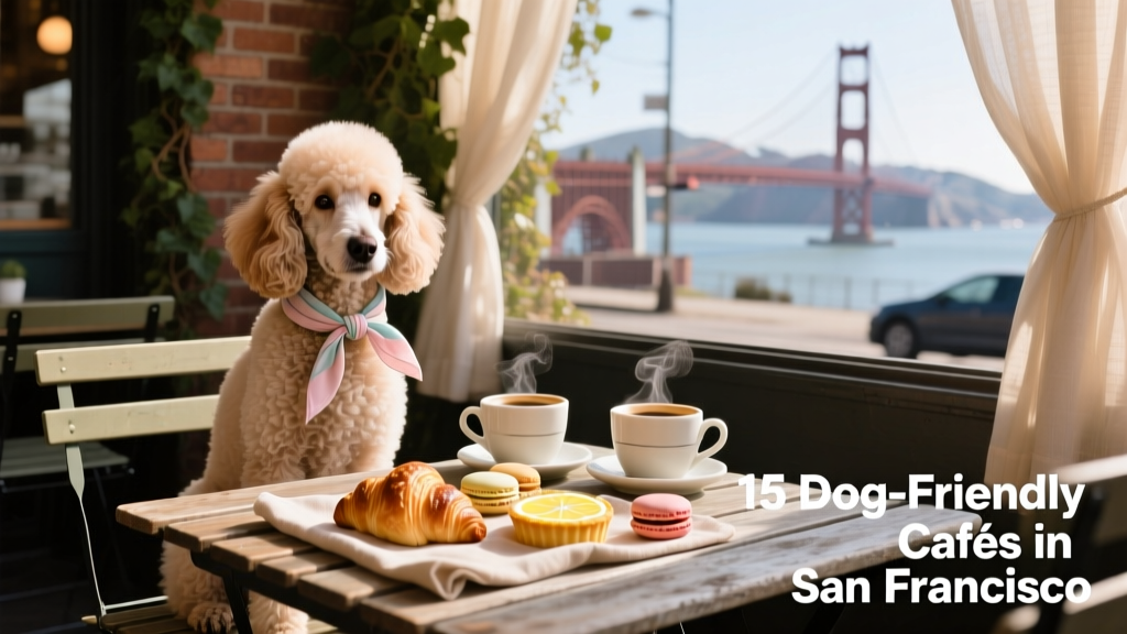 A calm poodle sitting politely under a wooden café table, wearing a lightweight bandana, with coffee cups and pastries nearby