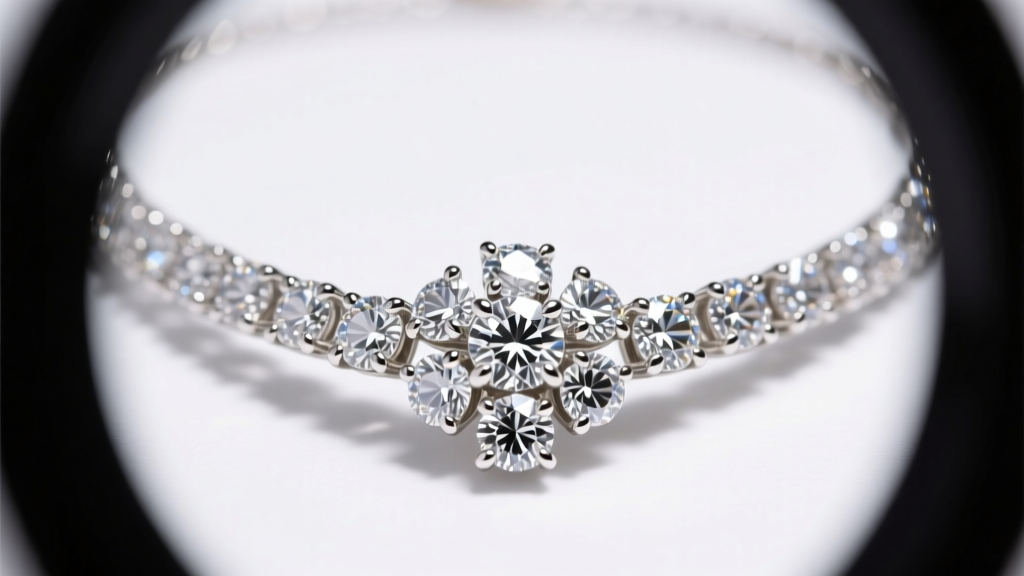 Close-up of micro-pavé diamonds on an 18k white gold designer necklace prong structure viewed under a 10x jeweler loupe glass