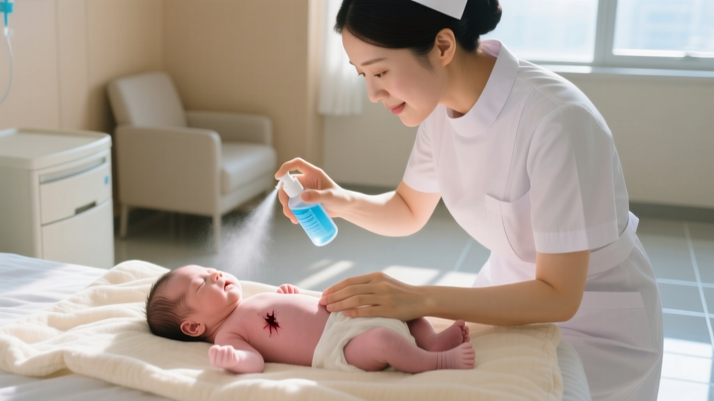 Mother gently spraying sterile saline wound wash onto a baby's earlobe, blurred pastel nursery background, bright clean lighting