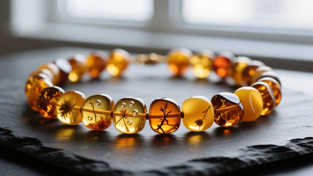Macro shot of raw Baltic amber necklace beads on dark slate, highlighting natural inclusions and warm golden translucency.