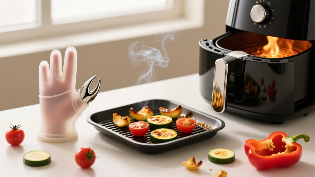 Side by side comparison of a silicone finger cot and a steel claw guard resting next to a smoking hot air fryer crisper plate and chopped vegetables