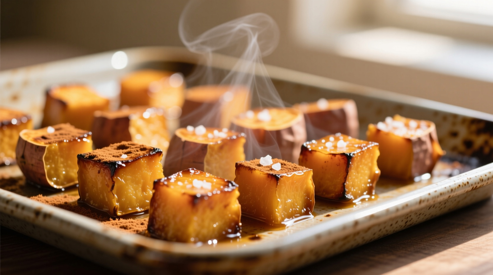 Perfectly roasted sweet potato cubes on baking sheet