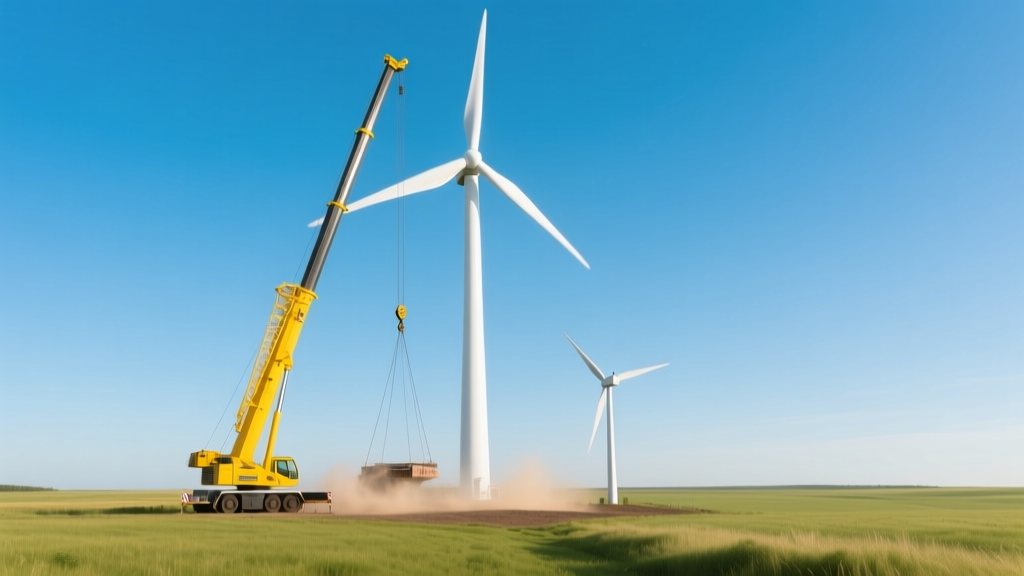 Massive white utility wind turbine lifted by a yellow crane next to a smaller residential turbine in a field under clear sky