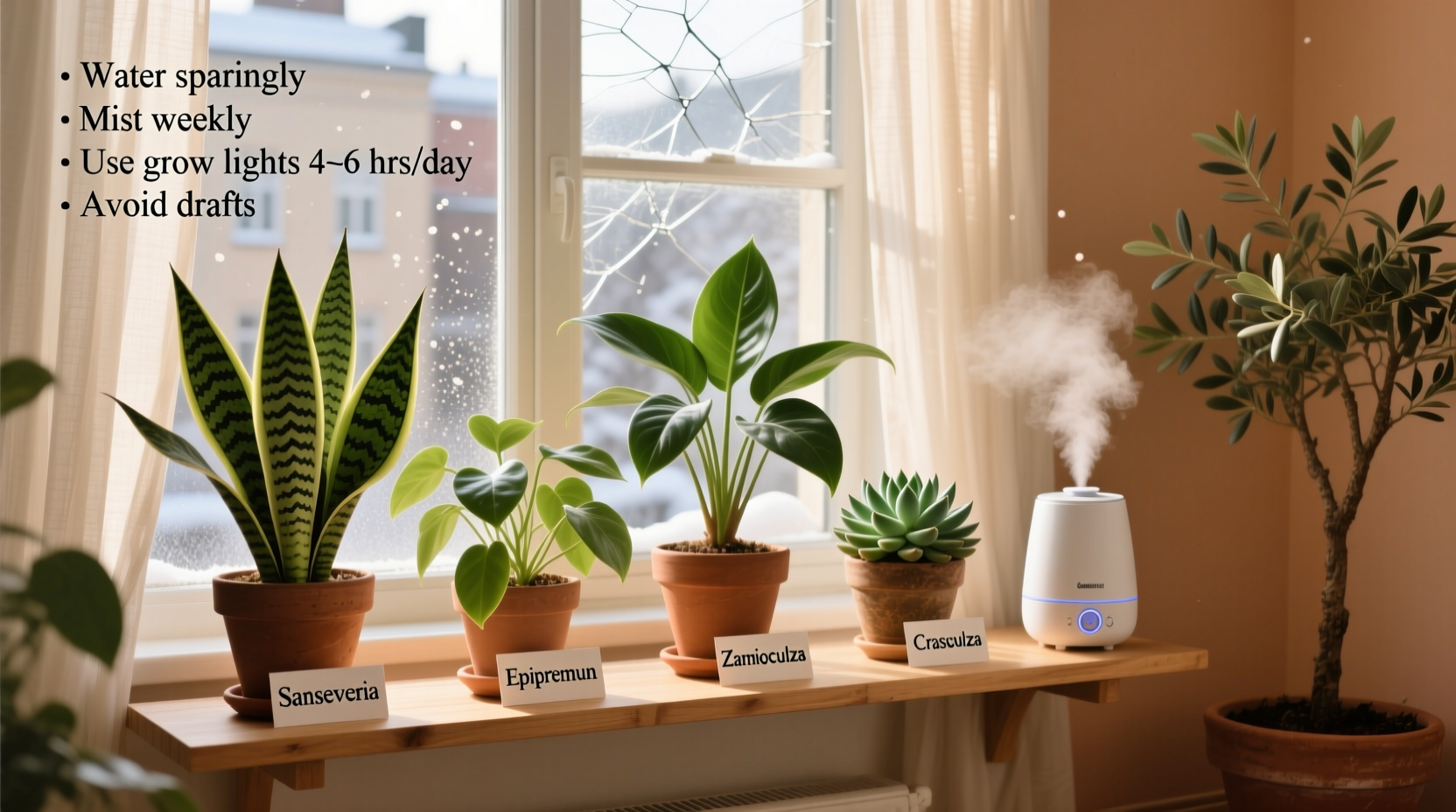 how to keep indoor plants alive through winter with low light and dry air