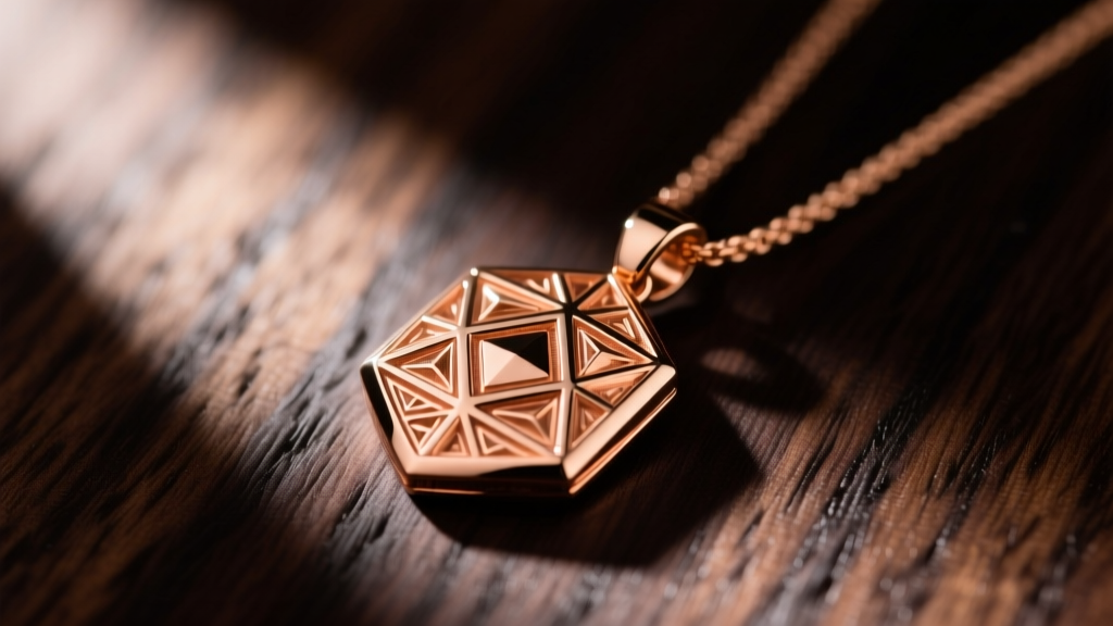 Close-up of an 18k rose gold mens pendant on dark wood, emphasizing warm copper tones and a smooth mirror finish in natural light.