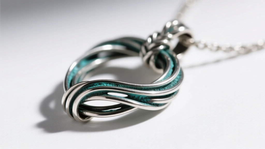 Sunshine cloth buffing high-relief curves of an oxidized sterling silver wire wrapped pendant, shot in crisp macro photography.