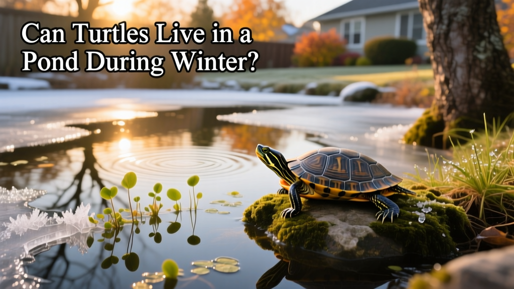 A calm, partially frozen backyard pond with submerged aquatic plants and a turtle basking on a rock at the edge