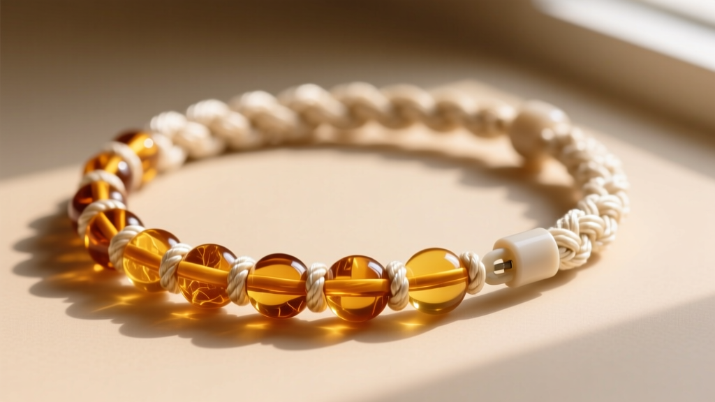 Close-up of a hand-knotted amber teething necklace highlighting individual silk knots between beads and a plastic safety breakaway clasp