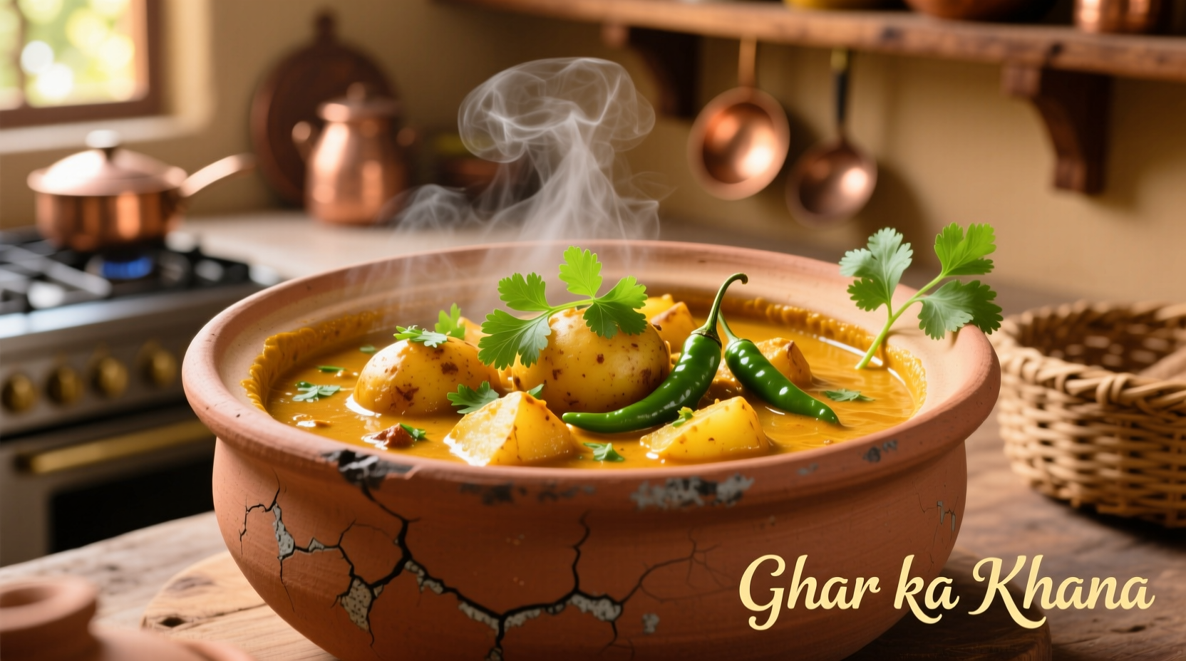 Golden Indian potato curry in clay pot with fresh cilantro