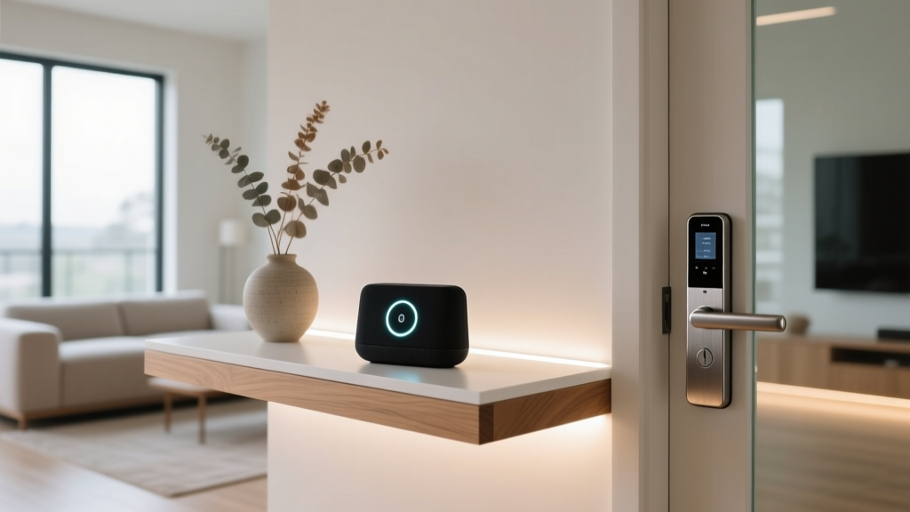 Modern minimalist apartment living room featuring a sleek smart home hub on a floating shelf, with LED accent lighting and a smart lock on the door.