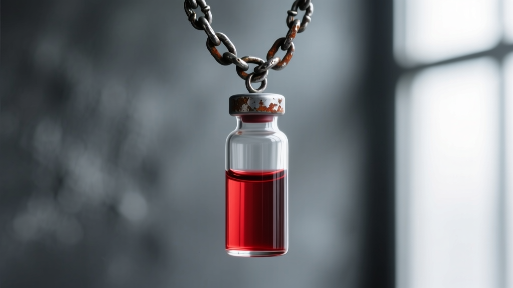 Close-up of a borosilicate glass vial of blood necklace filled with crimson resin on a dark oxidized silver chain