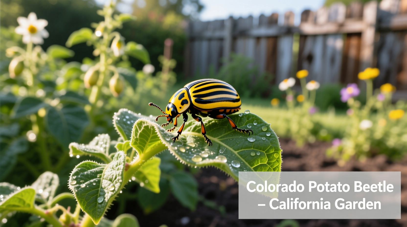 Colorado potato beetle on potato leaf in California garden