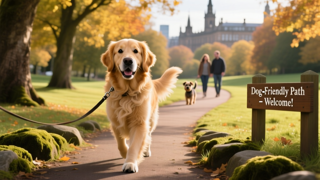 A cheerful dog walking along a tree-lined path in Glasgow's Kelvingrove Park