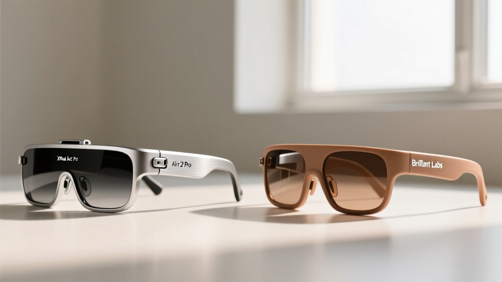 Side-by-side Xreal Air 2 Pro and Brilliant Labs Frame smart glasses highlighting recycled aluminum hinges and matte bio-plastic finishes