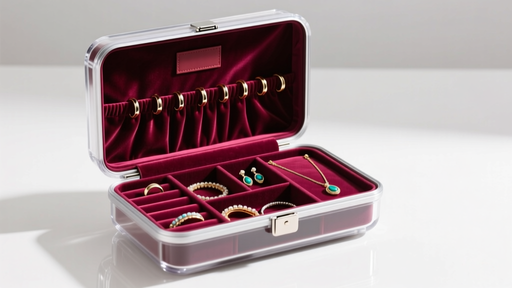 Open polycarbonate hard-shell travel jewelry case showing anti-tarnish velvet interior with ring rolls and padded compartments