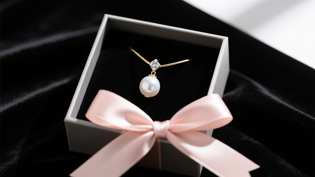 Flat lay gift box showing minimalist single pearl drop earrings with diamond accents on dark velvet, tied with a blush silk ribbon.